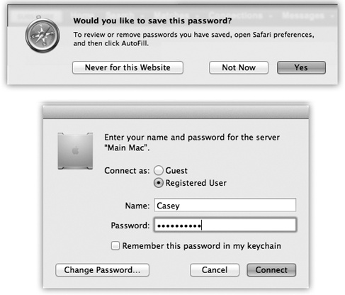 Top: Safari is one of several Internet-based programs that offer to store your passwords in the Keychain; just click Yes. The next time you visit this Web page, you’ll find your name and password already typed in.At any time, you can see a complete list of the memorized Web passwords by choosing Safari→Preferences→Passwords. Bottom: When you connect to a server (a shared disk or folder on the network), just turn on “Remember this password in my keychain.”