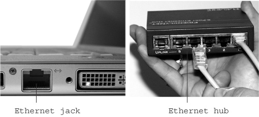 Every Mac except the Air has a built-in Ethernet jack (left). It looks like an overweight telephone jack. It connects to an Ethernet router or hub (right) via an Ethernet cable (also known as Cat 5 or Cat 6), which ends in what looks like an overweight telephone-wire plug (also known as an RJ-45 connector).