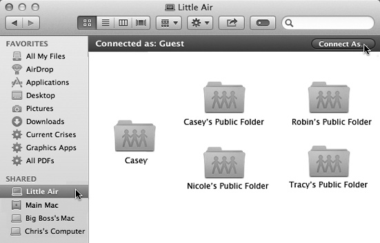 Macs appear in the Sidebar with whatever names they’ve been given in System Preferences→Sharing. Their tiny icons usually resemble the computers themselves. Other computers (like Windows PCs) look like generic PCs.