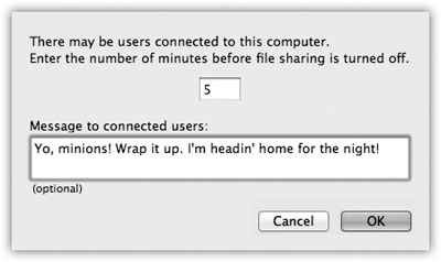 This dialog box asks you how much notice you want to give your coworkers that they’re about to be disconnected—and what message to send them before the ax falls.