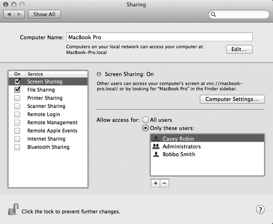 Your Mac is now ready to be observed and even controlled by other machines across the network. The people listed here are allowed to tap in anytime they like, even when you’re not at your machine.