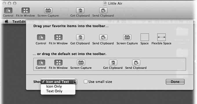 In here, you can move the toolbar buttons around by dragging, change the assortment of available buttons, add gaps between the buttons (drag a Space or Flexible Space into position), and modify how the buttons appear.