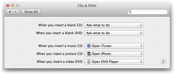 You can tell the Mac exactly which program to launch when you insert each kind of disc, or tell it to do nothing at all.