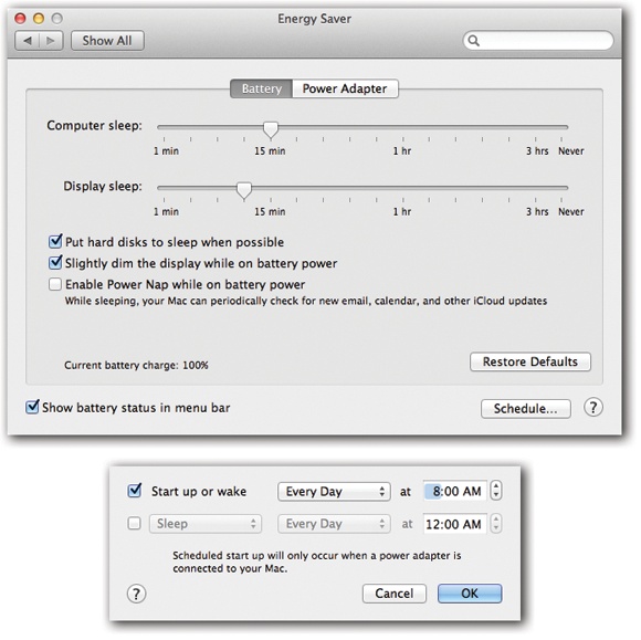 Top: Here’s what Energy Saver looks like on a laptop. In the “Display sleep” option, you can specify an independent sleep time for the screen.Bottom: Here are the Schedule controls—the key to the Mac’s self-scheduling abilities.