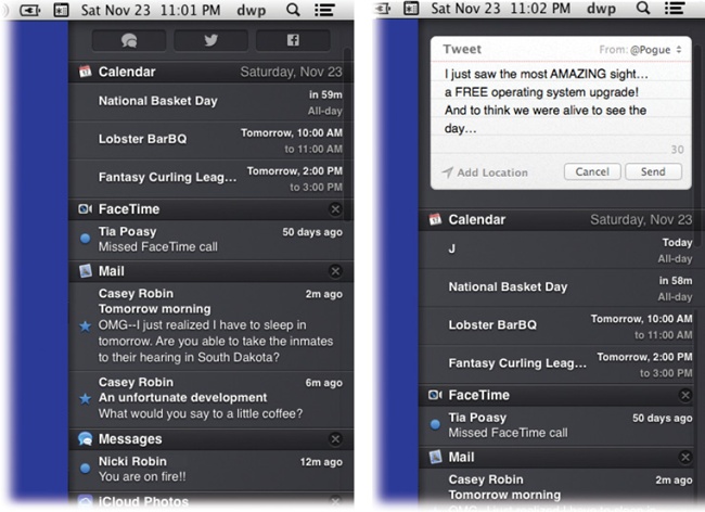 Left: Here’s the Notification Center, where all those incoming messages pile up, for your inspection pleasure.Right: The three buttons at the top let you trigger new messages via Messages, Twitter (shown here), and Facebook—without interrupting what you’re doing.