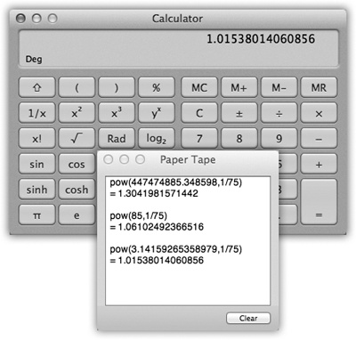 The Calculator program offers a four-function Basic mode, a full-blown scientific calculator mode, and a programmer’s calculator (shown here, and capable of hex, octal, decimal, and binary notation). The first two modes offer a “paper tape” feature (Windows→Paper Tape) that lets you correct errors made way back in a calculation. To edit one of the numbers on the paper tape, drag through it, retype, and then click Recalculate Totals. You can also save the tape as a text file by choosing File→Save Tape As, or print it by selecting File→Print Tape.