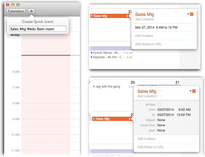 Left: Type a plain-English shorthand for an appointment, like “Sales Mtg Weds 9am-noon.” Press Enter. Marvel as Calendar interprets the times you typed and inserts your meeting into the right time slot.Top right: All the details for an appointment appear right in this balloon/box.Click a detail, like the time, to expand the balloon so that you can edit it (bottom right).