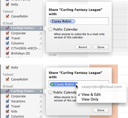 Top: Point to the name of the iCloud calendar you want to publish; click the “shared” icon () that appears next to its name.In this pop-out panel, enter the email address of the lucky recipient (use the Mac’s suggestions from your Contacts to help you). You can invite multiple people; just keep tying addresses.The Public Calendar option means that the whole Internet can see this calendar category (if they know the secret URL).Click Done.Bottom: After the recipient has accepted the invitation, click the icon again; this time, a green checkmark appears next to the person’s name.Use the to specify whether this person can see your appointments (View Only) or make changes to them, too (View & Edit).