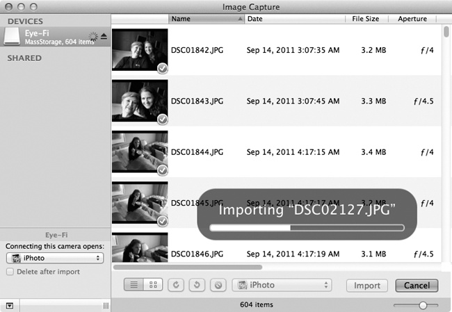 In many ways, Image Capture is like a mini iPhoto; use the slider in the lower right to change the thumbnail sizes. Use the “Delete after import” checkbox (lower left) if you want your camera’s card erased after you slurp in its photos. You can choose the individual pictures you want to download, rotate selected shots (using the buttons at the top), or delete shots from the camera.