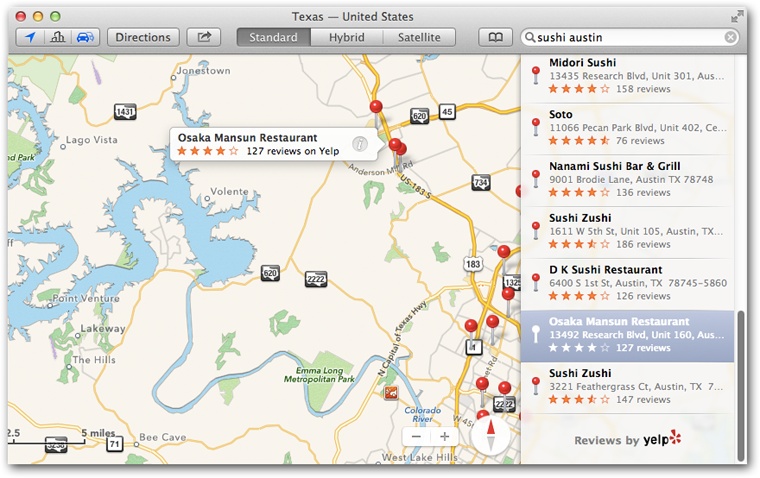 Maps lets you type in any address or point of interest and see it plotted on a map, with turn-by-turn driving directions, just like a $300 windshield GPS unit. It also gives you a live national Yellow Pages business directory and real-time traffic-jam alerts. You have a choice of a street-map diagram or actual aerial photos, taken by satellite.