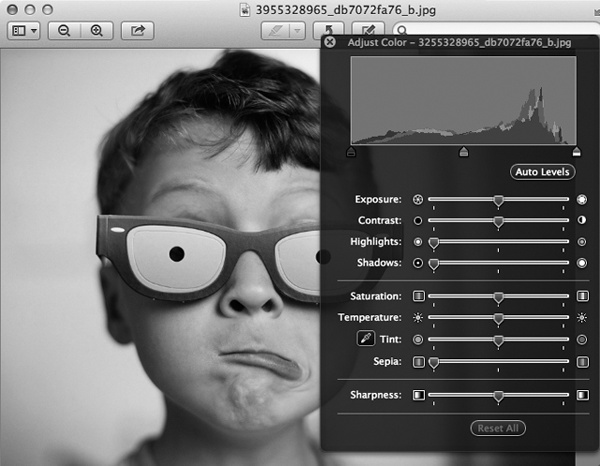Humble little Preview has grown up into a big, strong mini-Photoshop. You can really fix up a photo if you know what you’re doing, using these sliders. Or you can just click the Auto Levels button. It sets all those sliders for you, which generally does an amazing job of making almost any photo look better.