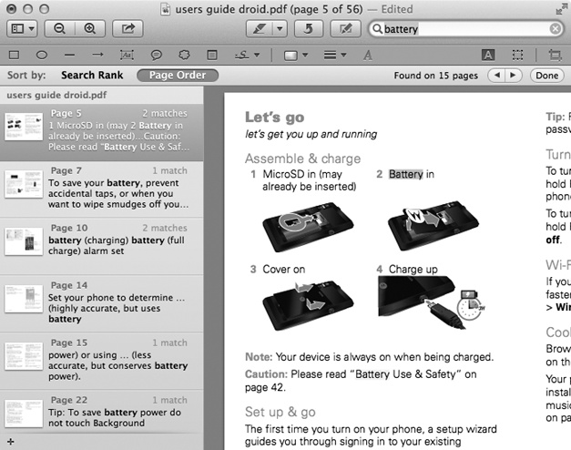 Type into the search box. Matches appear in the Sidebar, with page numbers; click one to go there. You can sort the found list either by rank (how likely Preview thinks it is to be what you’re looking for) or in page order; click the appropriate button to sort.