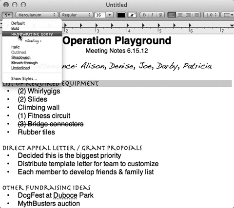 The text ruler gives you control over tab stops, paragraph justification, and so on. Pressing ⌘-R makes it appear and disappear. On the toolbar, the Style pop-up menu lists canned sets of character and paragraph formatting, so you can apply them consistently throughout a document.