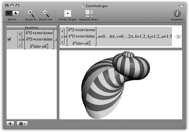 In general, you type equations into Grapher just as you would on paper (like z=2xy). If in doubt, check the online help, which offers enough hints on functions, constants, differential equations, series, and periodic equations to keep the A Beautiful Mind guy busy for days.