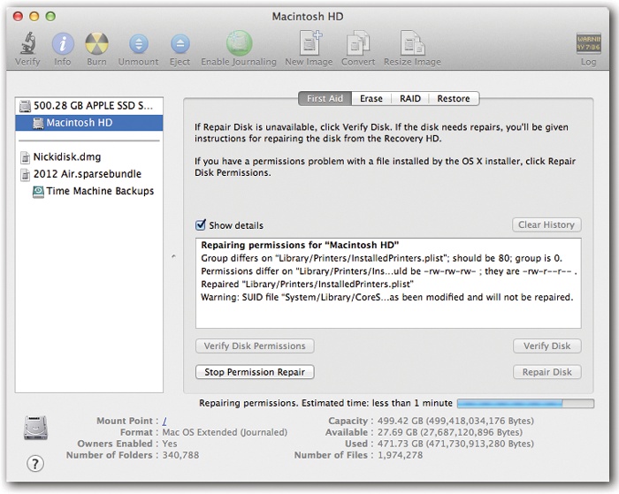 Click your hard drive’s name in the left-side list, click the First Aid tab, click Repair Disk Permissions, and then read an article while the Mac checks out your disk. If the program finds anything amiss, you’ll see messages like these. Among the text, you may recognize some Unix shorthand for read, write, and execute privileges.