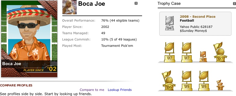 Boca Joe has played a variety of fantasy sports on Yahoo! since 2002. Do you suppose the reputation he’s earned on the site helps brings him back each year?