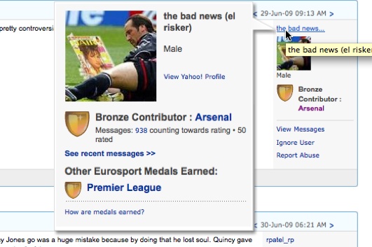 Each Yahoo! EuroSport message board has its own karma medallion display to keep reputation in a tightly bound context.