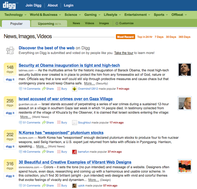 Digg’s site design puts overt reputation scores front and center.