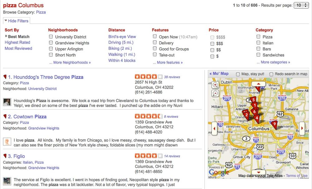 If I want a pizza in Columbus, odds are good I want the best pizza, right? Best Match results on Yelp are flavored with reputation from user ratings.