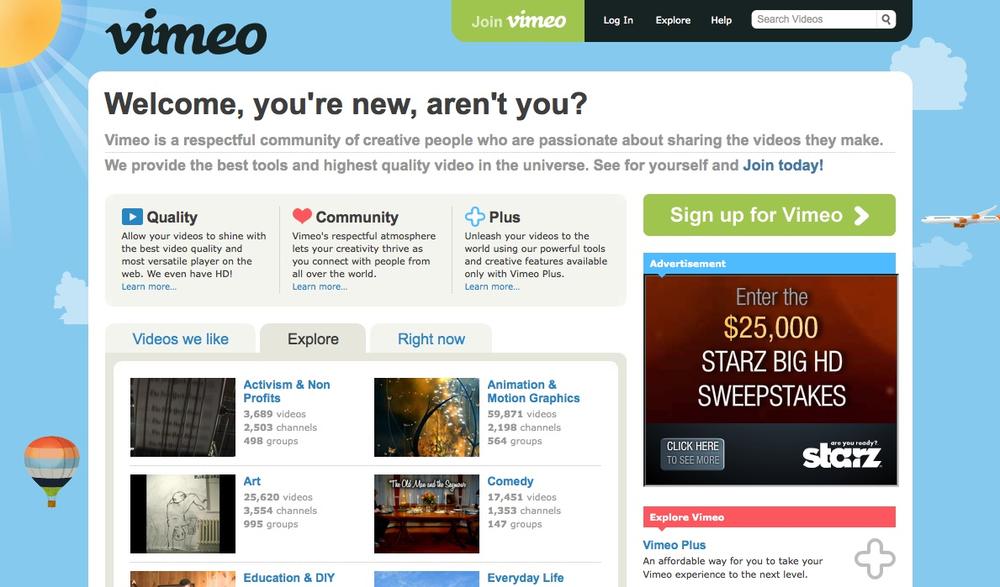 Vimeo goes out of its way to welcome new visitors, including not one but three different Greeting Galleries.