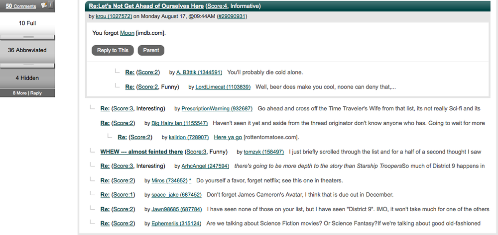 Slashdot seemingly hides more posts than it displays. It’s a system that favors your rights as a discriminating information consumer over everyone else’s desire to be heard.