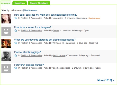 Let your users’ words speak for themselves. Yahoo! Answers lets you review a user’s Questions and Answers from the profile, regardless of which context the question was originally posted in.