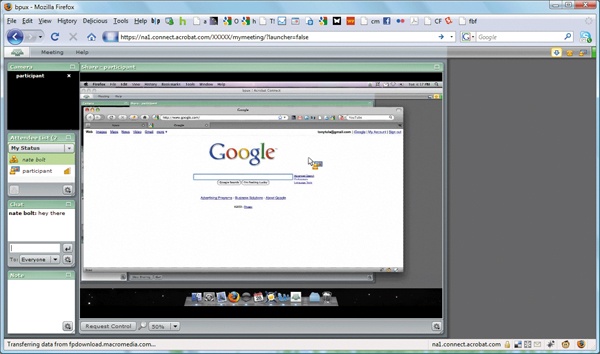 The Adobe Acrobat Connect session window: the big window is the user’s screen, and the smaller windows, from top to bottom, are the user’s webcam (optional), the participant list (including observers), chat, and notes.