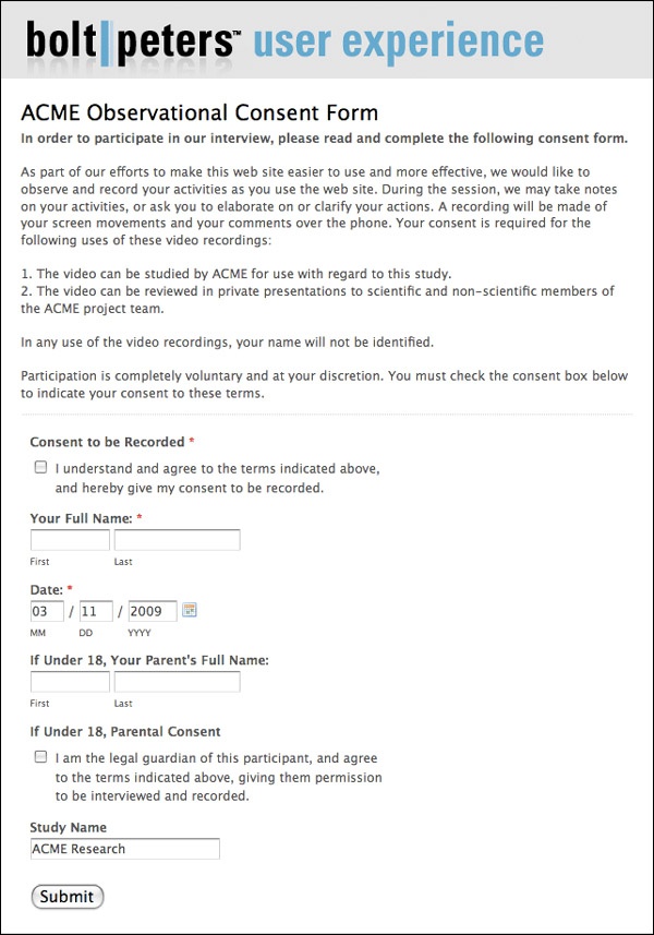 A sample Wufoo-generated extra-strength observational consent form. You can direct the participant to this form either by sending a link or by reading the Web address aloud.