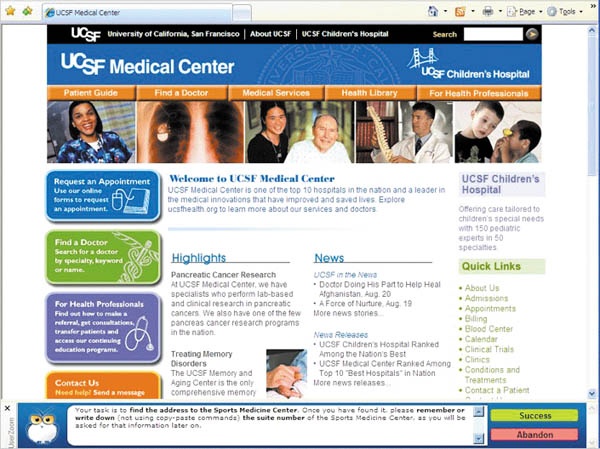 UserZoom screenshot from our UCSF study. User instructions are persistently displayed in a browser bar at the bottom of the screen.