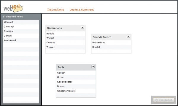 The online card sorting tool WebSort. Participants can simply drag cards onto the field on the right to create groups and add cards to them.