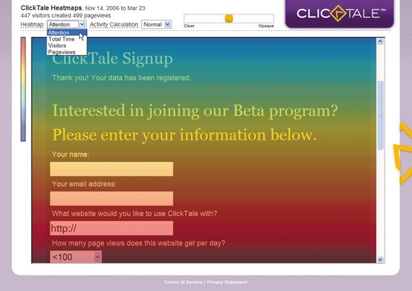 ClickTale’s “Attention” heatmap, which illustrates where users click and how far they scroll down the page.