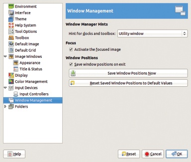 The Preferences dialog, Window Management tab