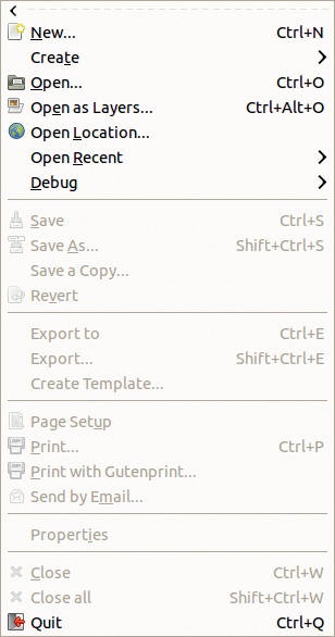 The Image: File menu without an opened image