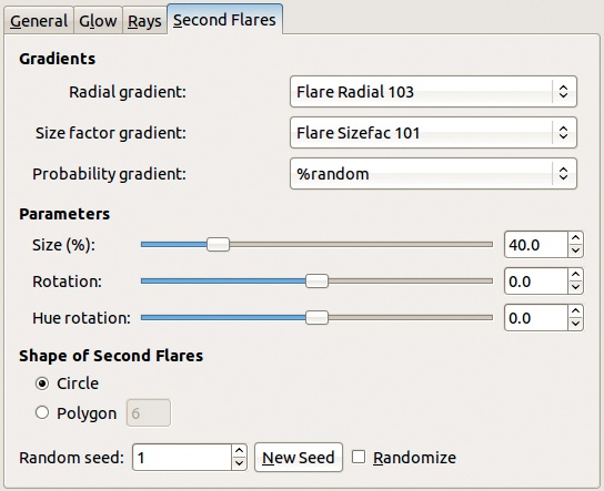 The Gradient Flare editor, Second Flares tab