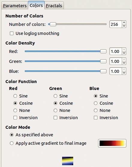 The Fractal Explorer dialog, Colors tab