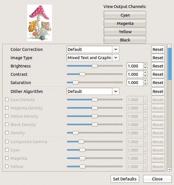 The Adjust Output dialog for an Epson printer