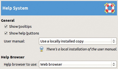 The Preferences dialog, Help System tab