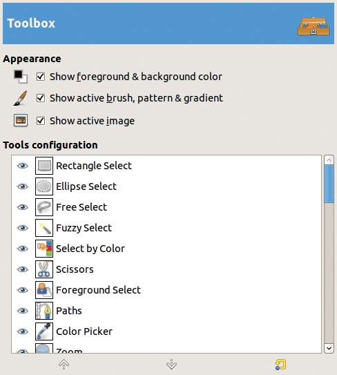 The Preferences dialog, Toolbox tab