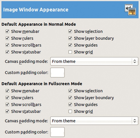 The Preferences dialog, Image Window Appearance tab