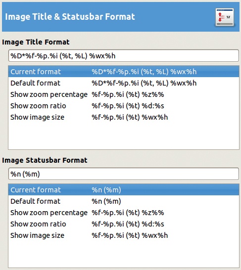 The Preferences dialog, Image Title & Statusbar Format tab