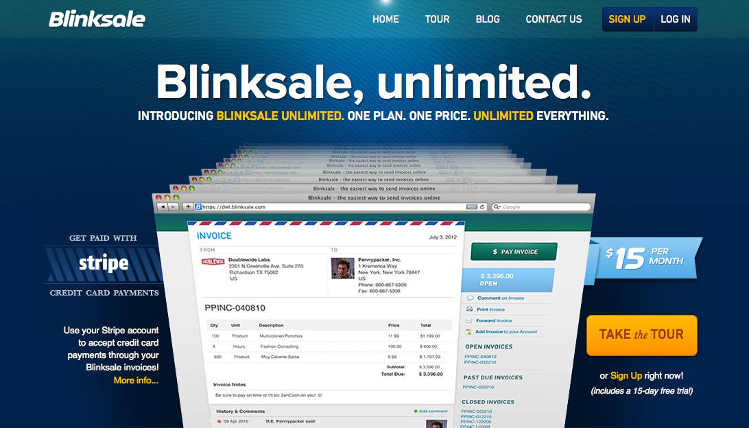 Blinksale’s site is professional without being staid