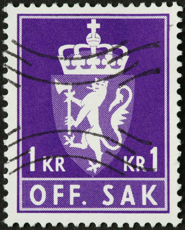 Purple coat of arms on a Norwegian postage stamp