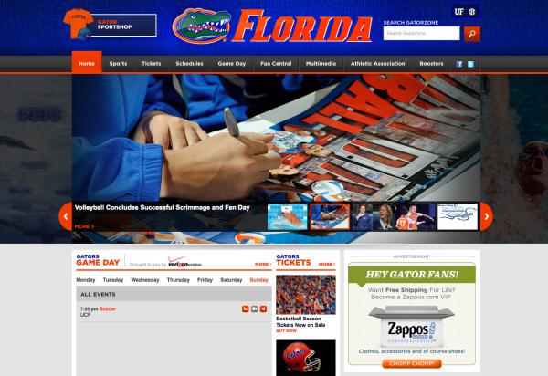 The University of Florida Athletics website uses bold complementary colors