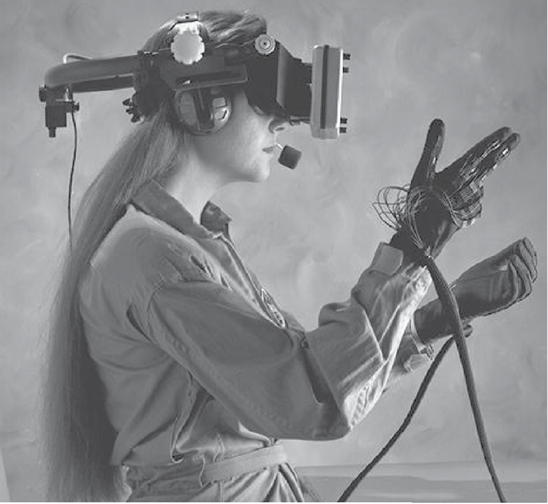 Image of Virtual reality headset and data glove in use