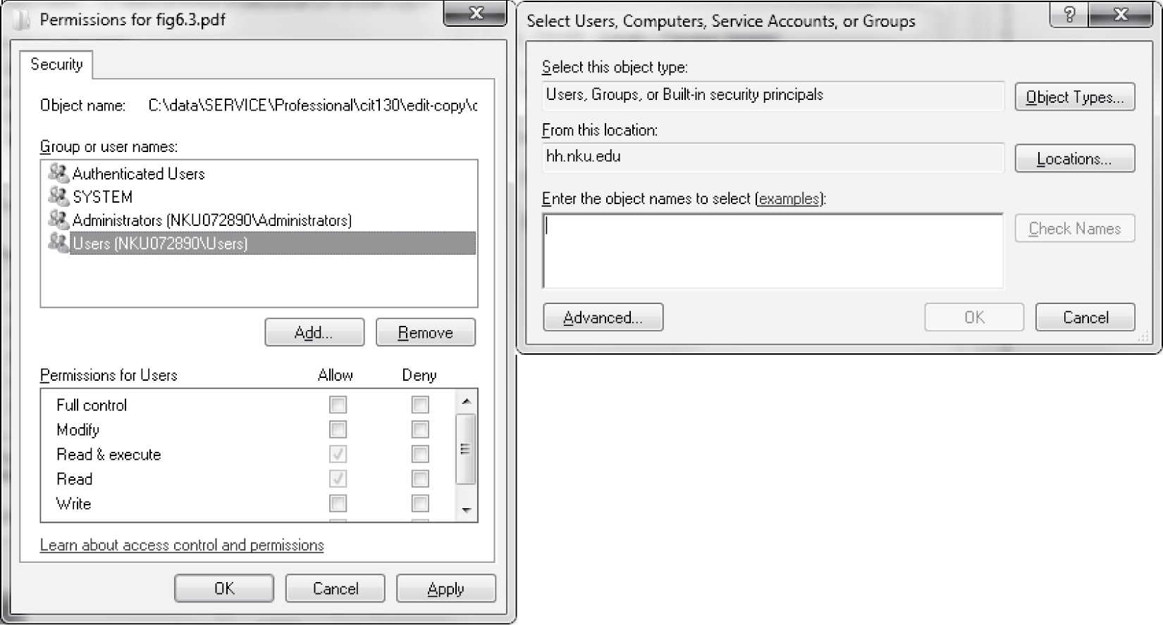 Image of Changing permissions (left) and adding or removing users and groups (right)