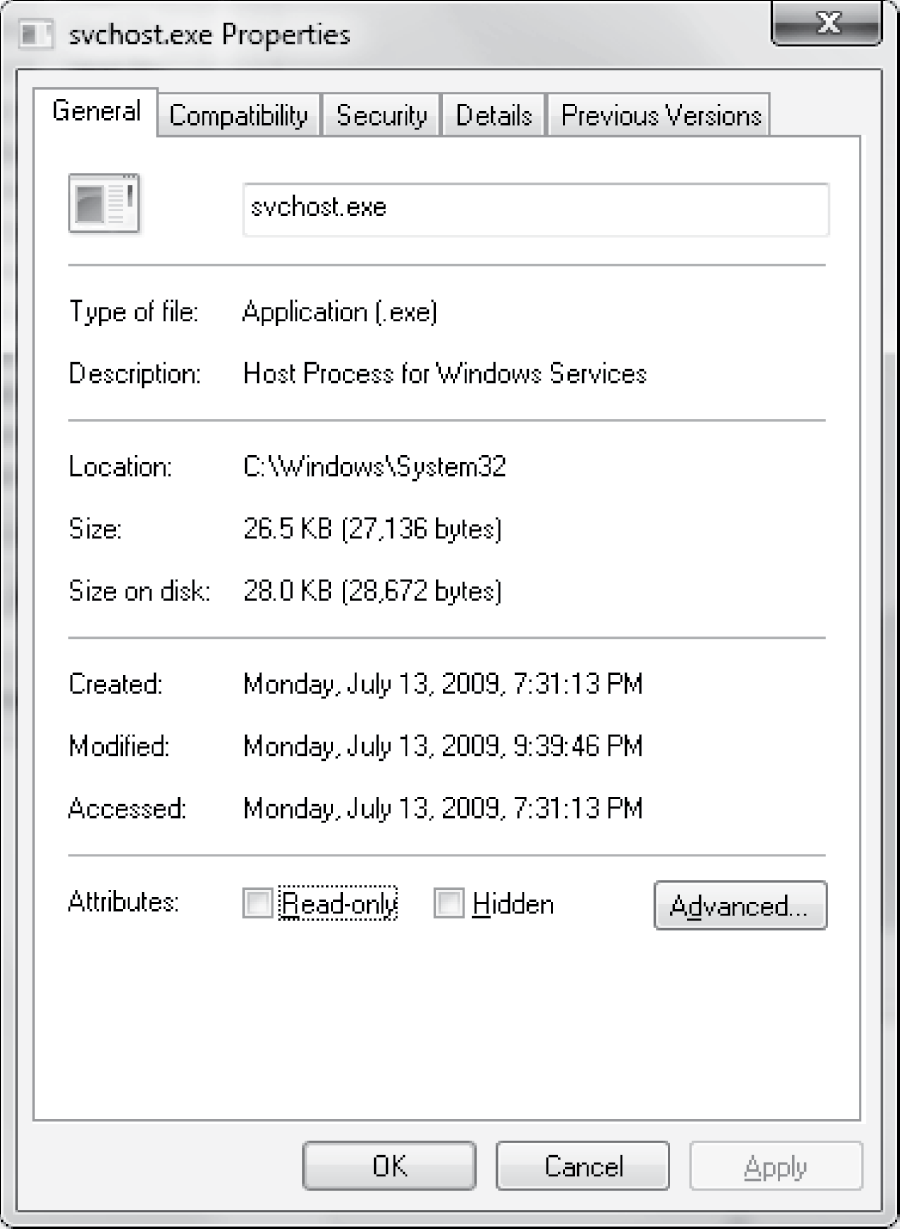 Image of Process properties for svchost.exe