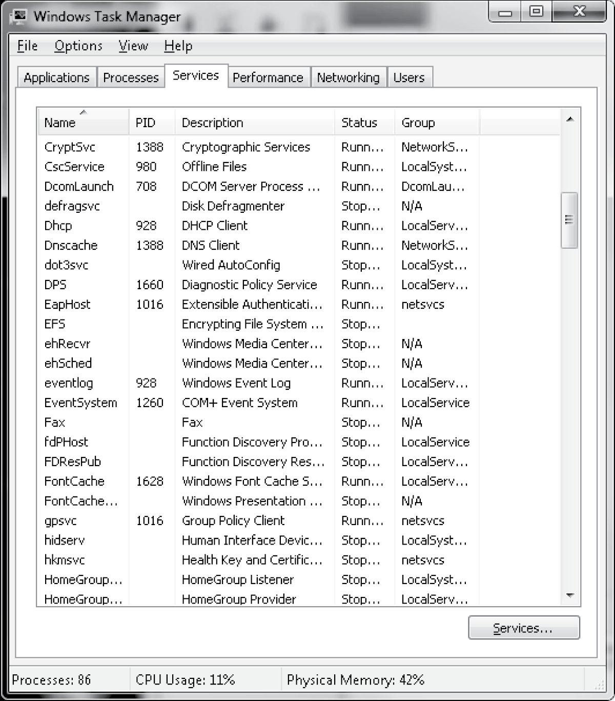 Image of Services tab of the Task Manager