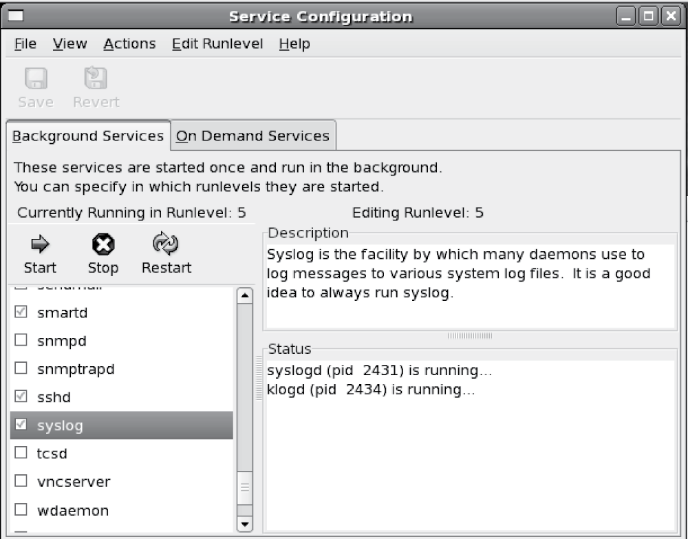 Image of Linux Services in the Service Configuration window