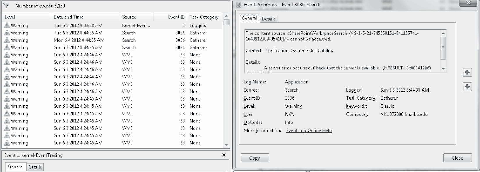 Image of Application warnings logged including a specific event