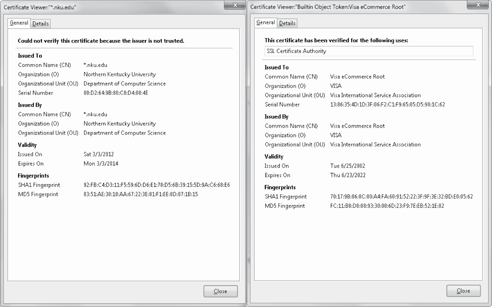 Image of Two certificates, one self-signed (left) and one signed (right).